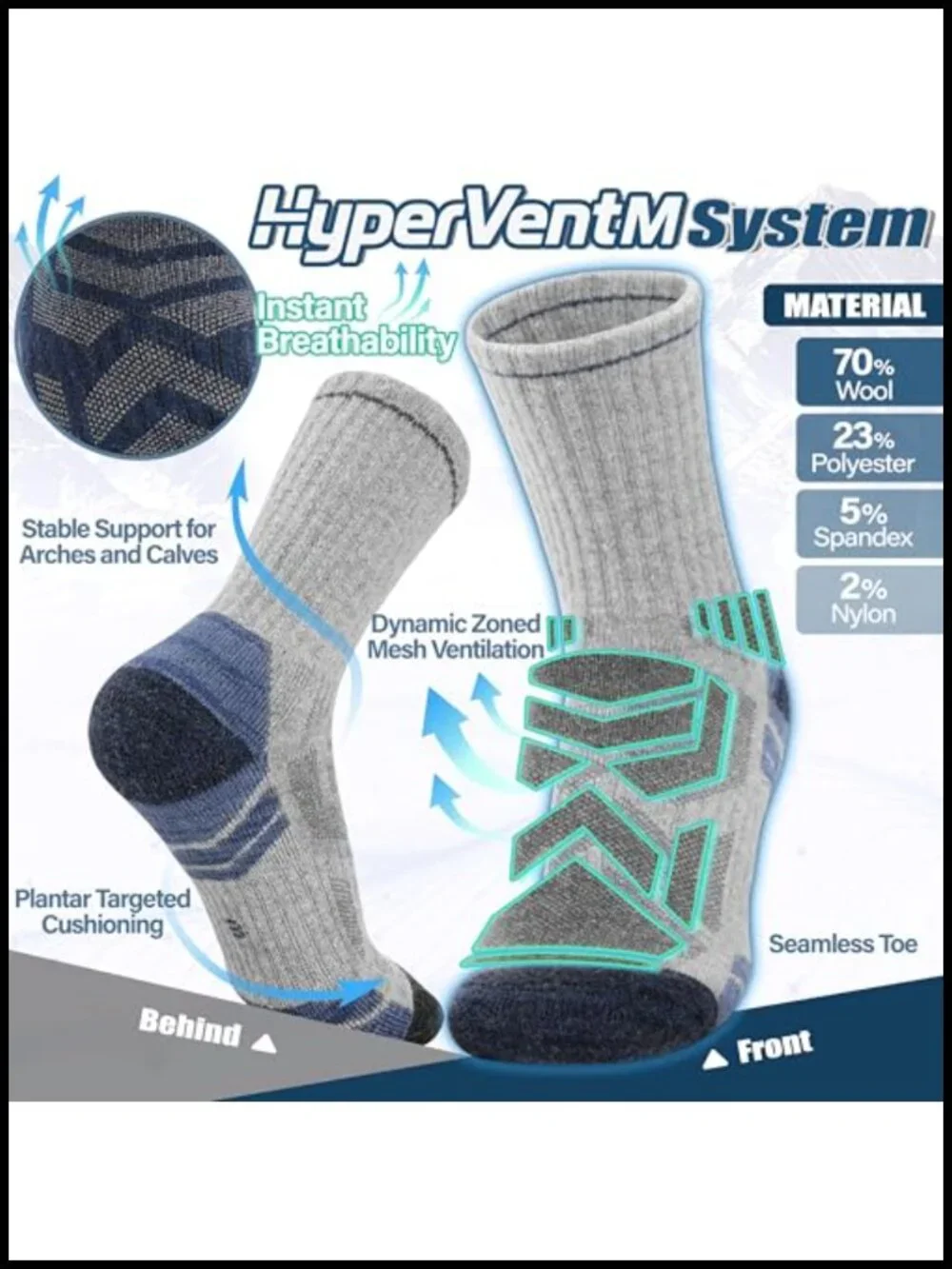 Merino Wool Hiking Socks 5 Pairs Men Women Thermal Moisture Wicking Crew